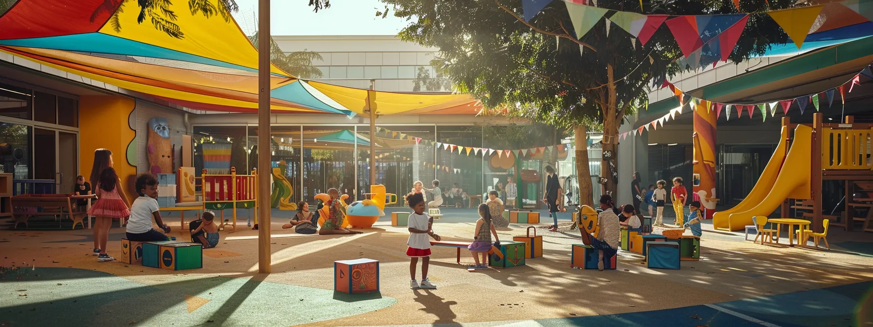 a vibrant advertisement featuring a joyful childcare centre scene, with local families engaging in activities, illuminated by warm sunlight and surrounded by colourful banners promoting community events and services. a vibrant advertisement featuring a joyful childcare centre scene, with local families engaging in activities, illuminated by warm sunlight and surrounded by colourful banners promoting community events and services.