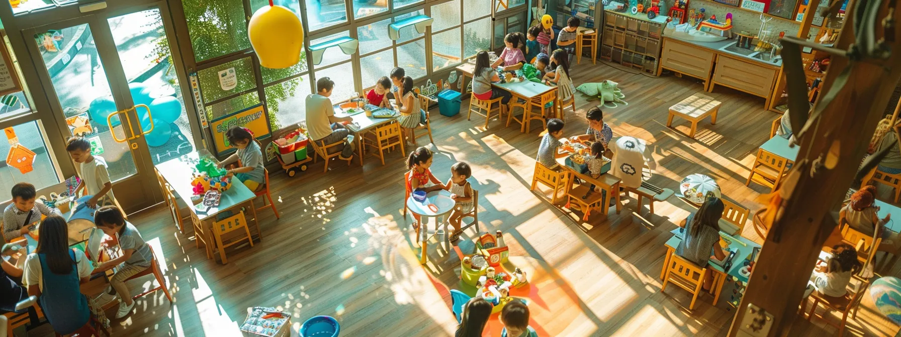a vibrant and inviting childcare centre filled with joyful children engaged in playful activities under warm natural light, surrounded by colourful educational toys and cheerful decor.
